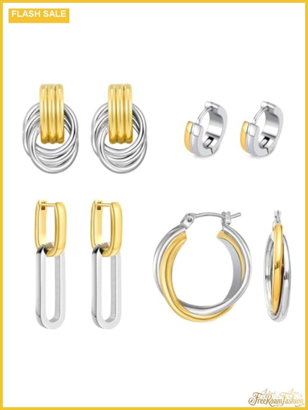 Two Tone Drop Dangle Earrings Set - Gold and Silver Plated Hoop Huggie Earrings